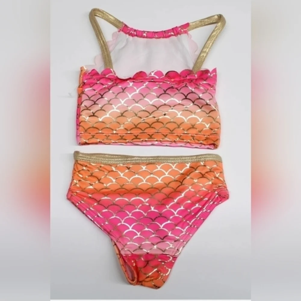 Mermaid Scallop Pink Orange & Metallic Gold Girls 2 Piece Bikini‎ Swimwear. NWT